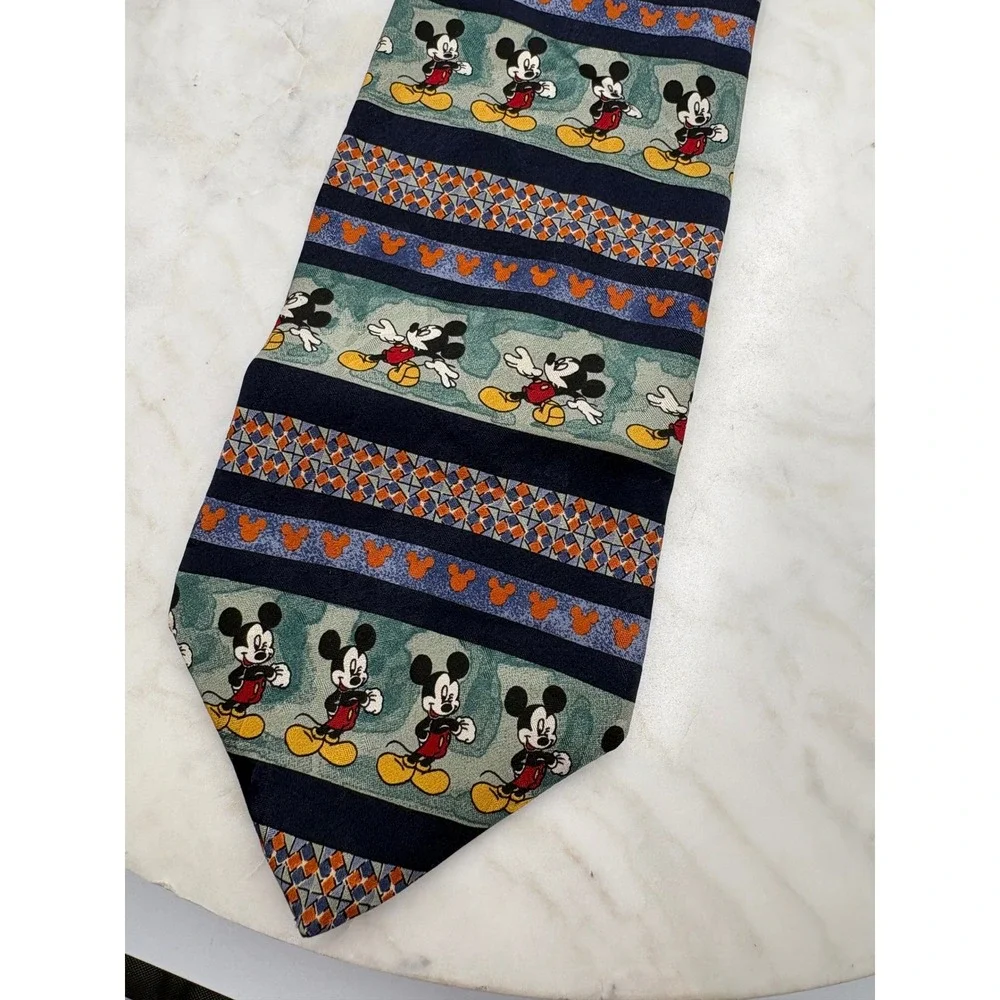 VTG Mickey Mouse Silk Tie Italy Navy Blue‎ Green 61x3.75